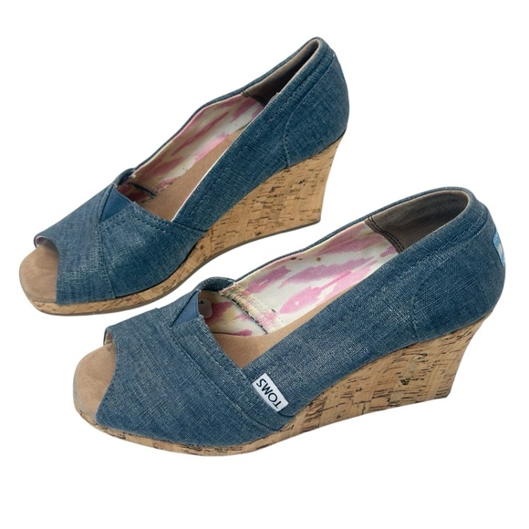 Toms Blue and Tan Cork Peep Toe Wedge Espadrilles - Picture 3 of 12